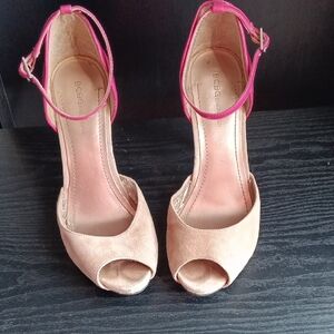 BCBG Tan Suede Peep-Toe Heels with Pink Ankle Straps